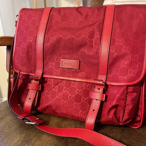 GUCCI Nylon Monogram Double Buckle Flap Messenger Bag Vibrant Red - Picture 4 of 16